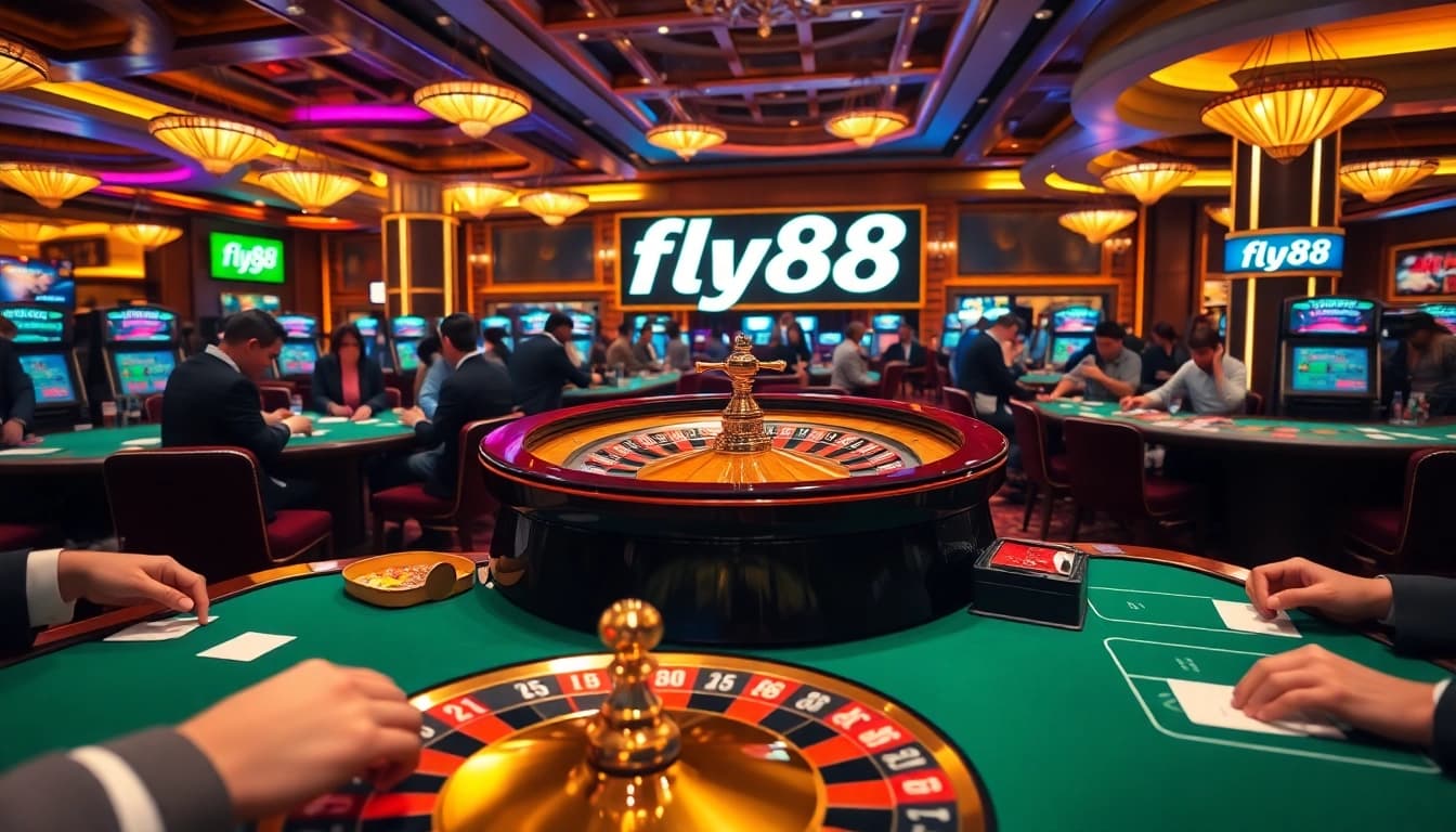Players enjoying a thrilling game of poker and roulette at fly88 casino.