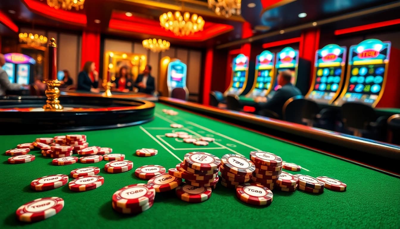 Engaging scene of TG88-themed casino gameplay with roulette wheels and high-stakes poker.