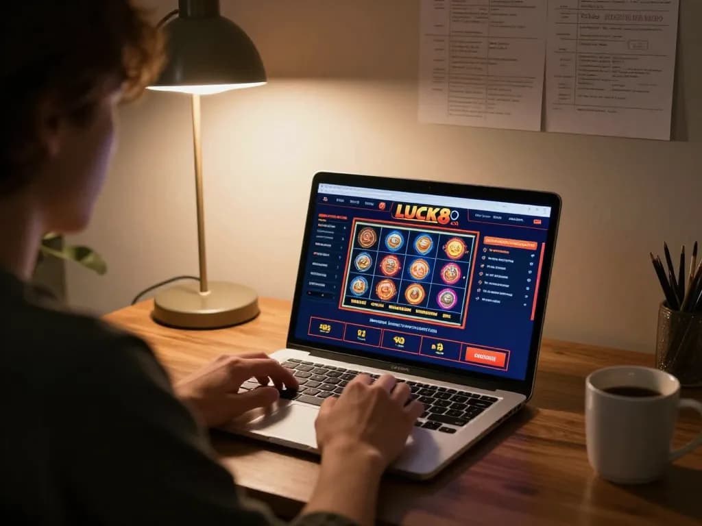 Engaging in casino gaming at LUCK8 COM from home with vibrant screen and notes nearby