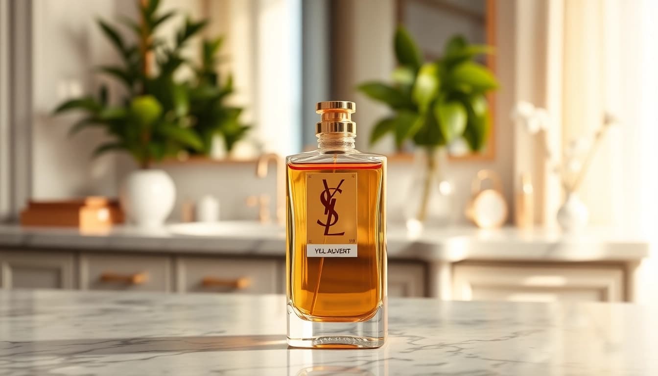 Showcasing a YSL perfume dupe bottle on a marble countertop, elegantly captured.
