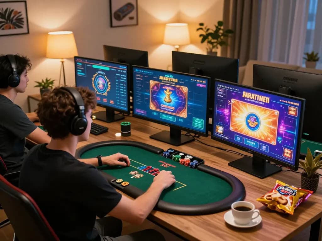 Player enjoying online poker game on multiple screens, engaging in strategic betting with KK 55 displayed above cards