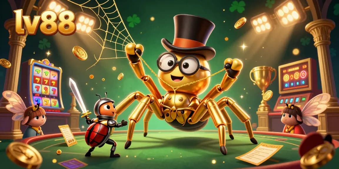 Engage in thrilling games at lv88 with a vibrant scene featuring a golden tarantula weaving rich casino elements.