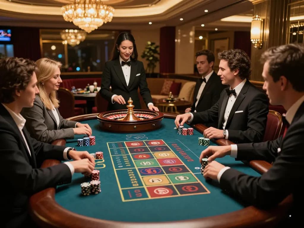 uk88 players eagerly placing bets at a luxurious roulette table in an upscale casino