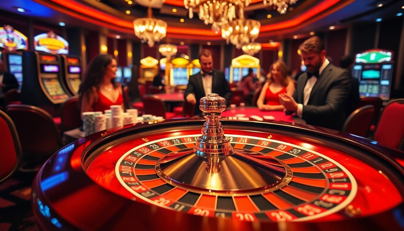 A dynamic casino scene showcasing vibrant roulette and poker elements at 888b, capturing high-energy gambling action.