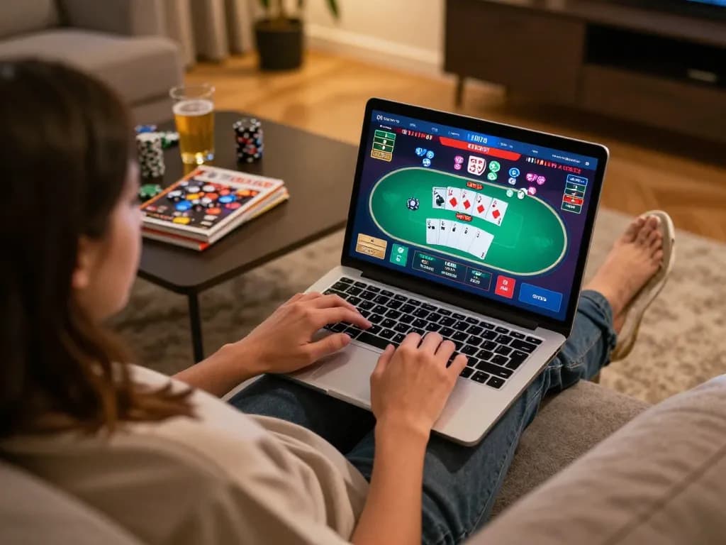 Engaging gambling scene with lu88 online poker game interface on laptop in a cozy home