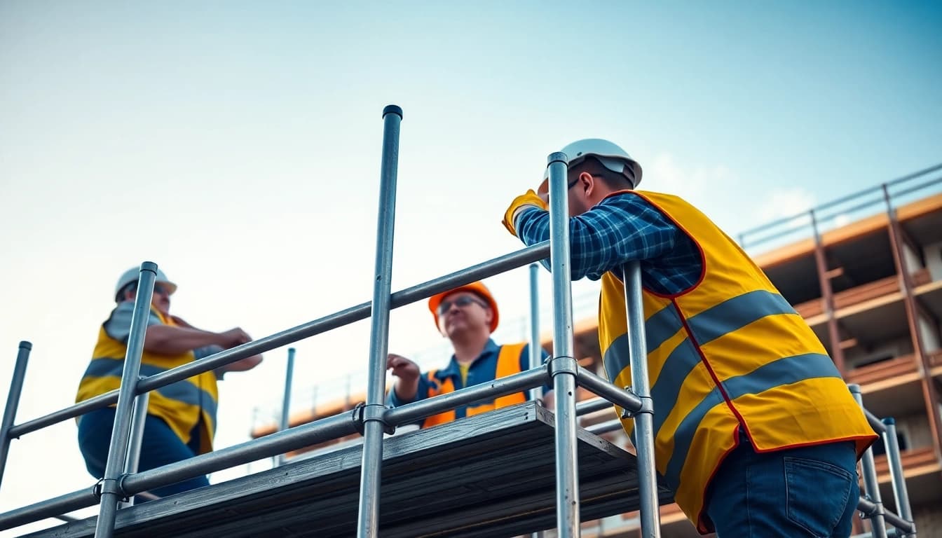 Scaffolders Bolton assembling scaffolding on a construction site, emphasizing teamwork and safety.