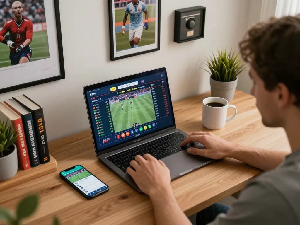 Engaged player using their laptop for online sports betting at Nhà Cái 88AA, showcasing a strategic setup in a cozy home office.