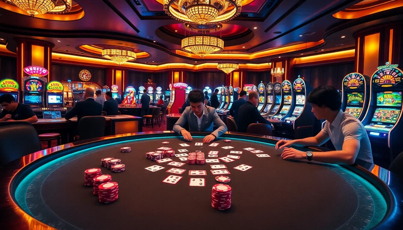 Players enjoying a thrilling game at a luxury casino with the link luckywin prominently featured.