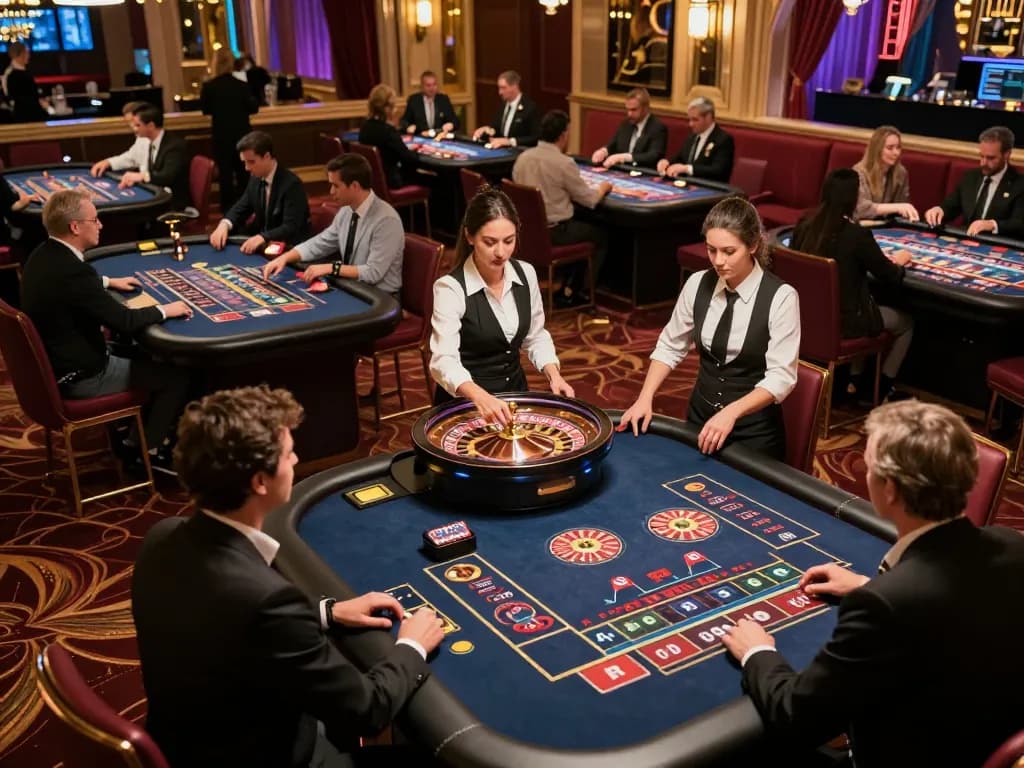 Players strategizing their bets at ko66 casino with vibrant gaming tables and ambient lighting.