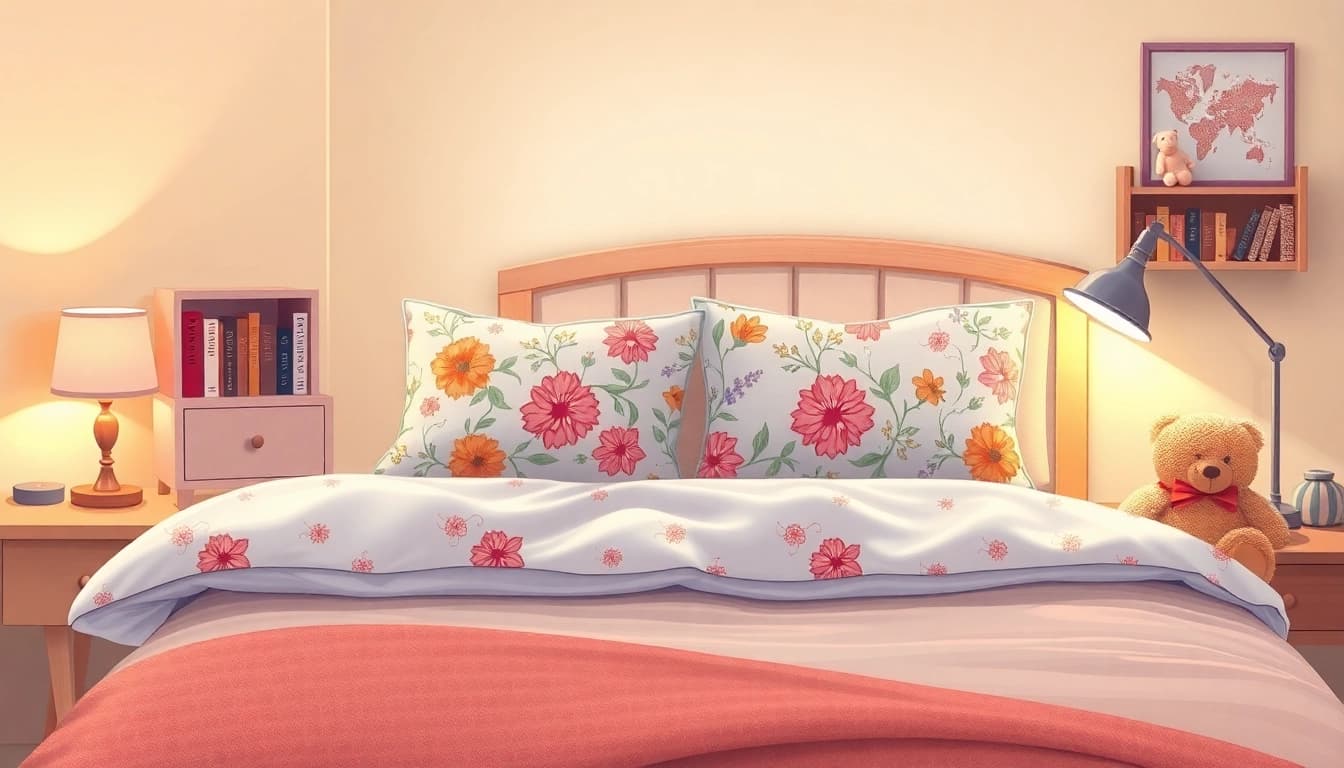Showcase custom body pillow cases on a cozy bed with a vibrant floral design, adding warmth and comfort to the room.