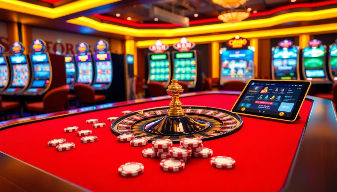 Players engaging in high-stakes gaming at Gem88 with luxurious tables and vibrant slot machines.