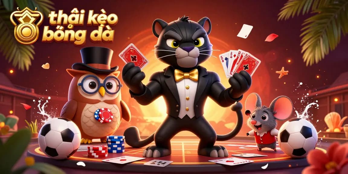 Engaging illustration showcasing tỷ lệ kèo bóng đá with playful characters, vibrant casino elements, and sports theme.