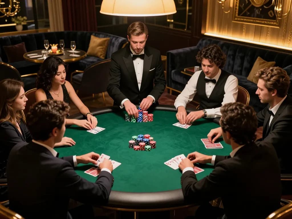Engaging scene of players immersed in a gem 88 poker game in a luxury VIP setting.