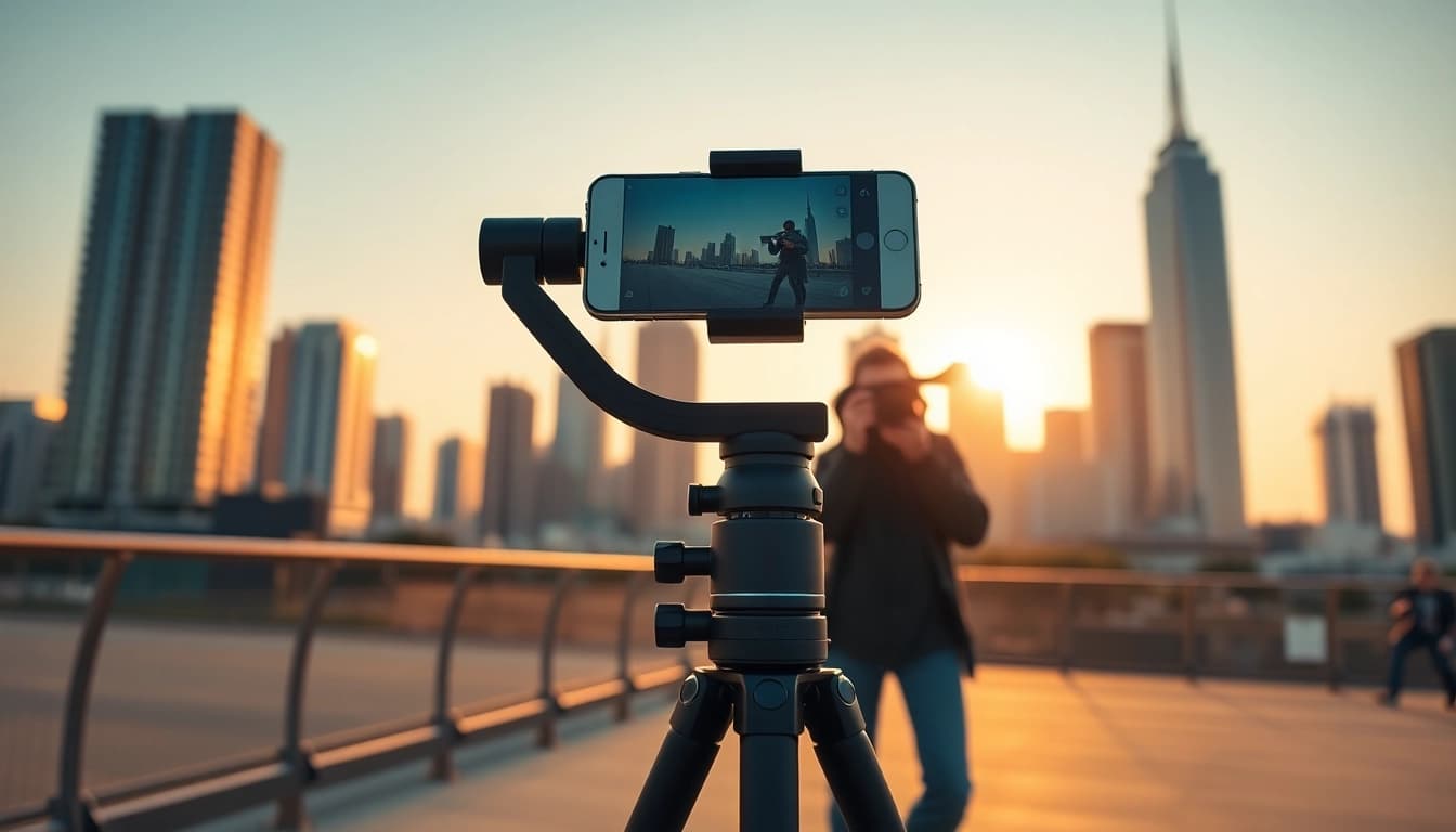 Phone gimbal on a tripod in a vibrant cityscape, showcasing its advanced stabilization features.