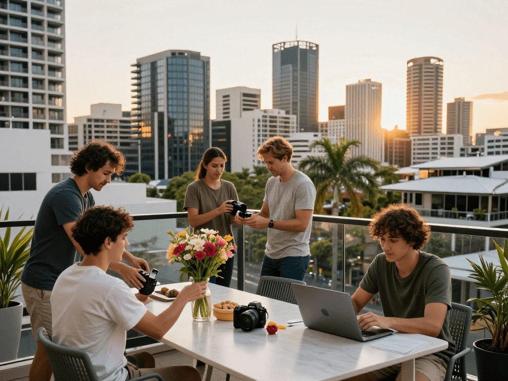 Engaging scene of hosts preparing for Airbnb management in Brisbane, showcasing vibrant city life and inviting atmosphere.