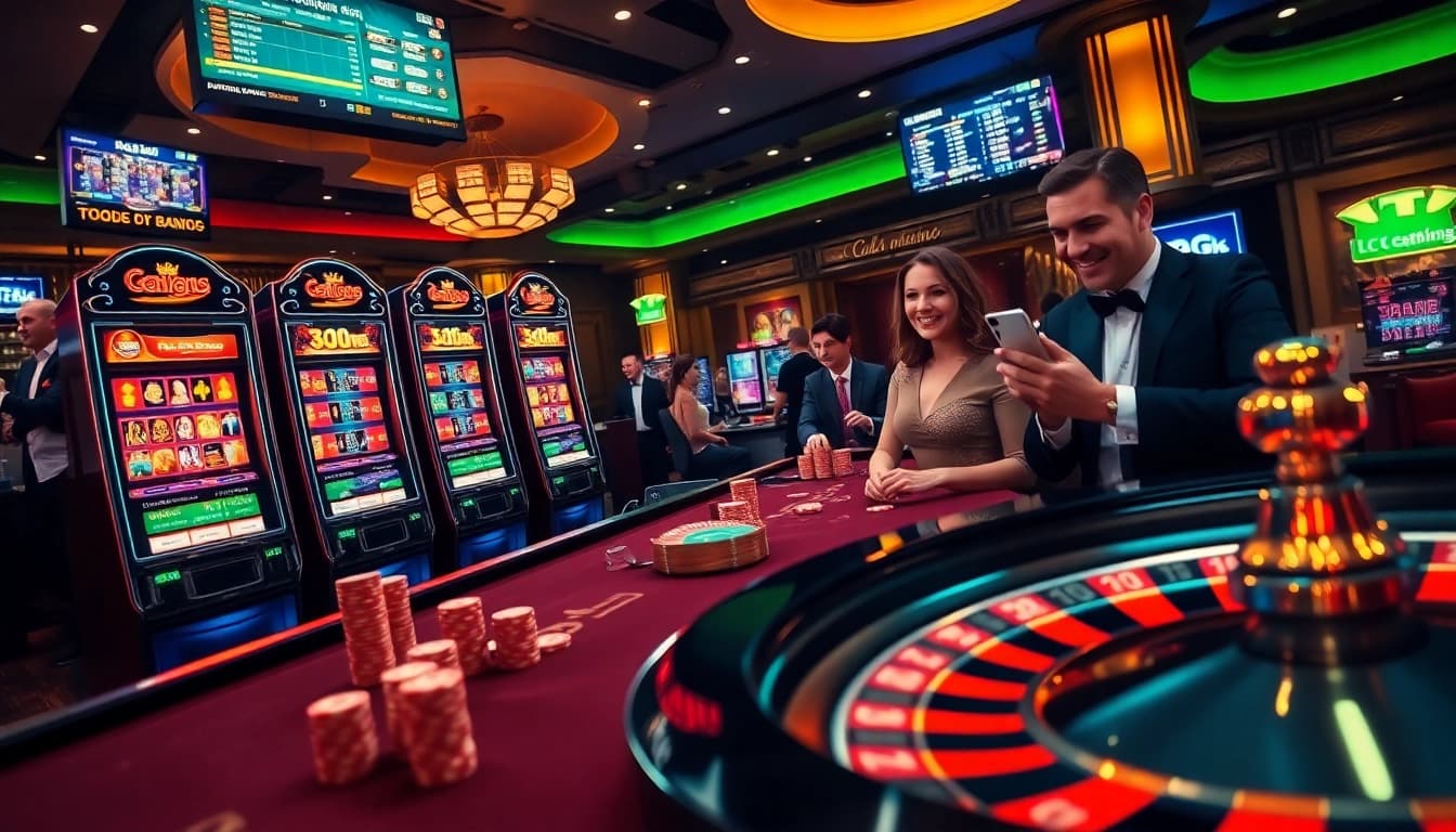 OK365 casino scene featuring players at a table with vibrant chips and roulette excitement.