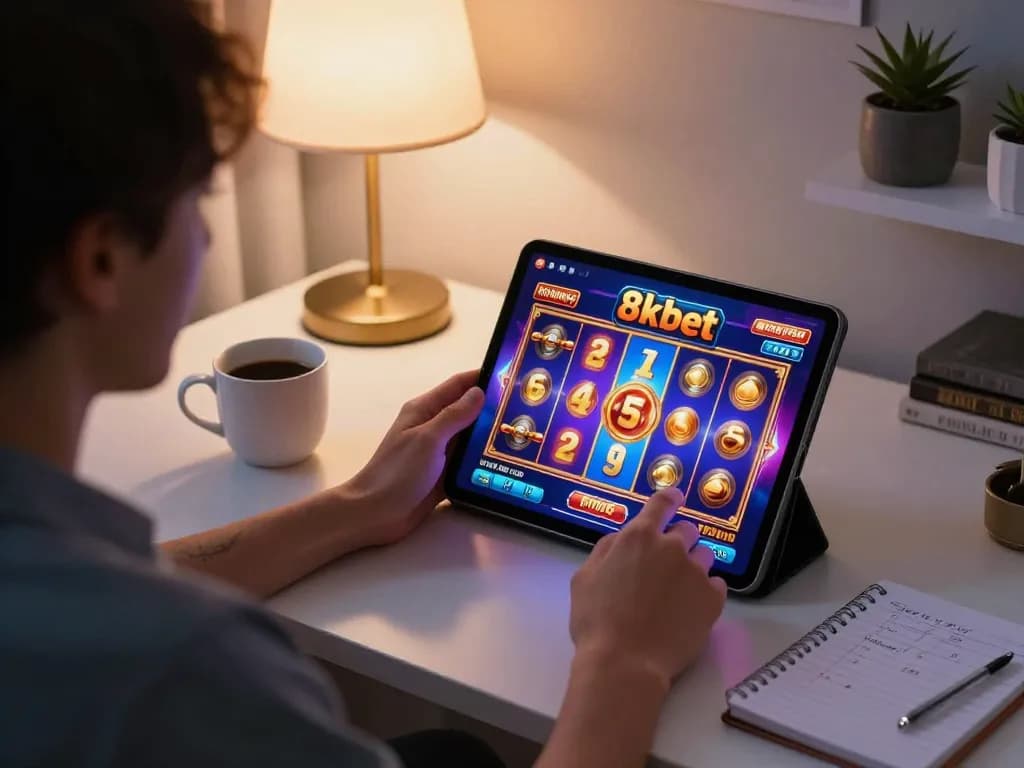 Player enjoying a dynamic slot game on 8kbet tablet, showcasing an engaging online gaming experience.