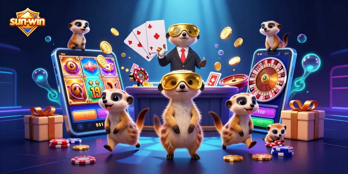 Experience thrilling gaming at sun-win with meerkats in a vibrant casino scene.