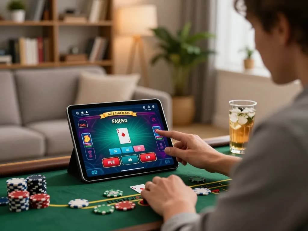 Enjoying live blackjack on https://tx666.co.com/ in a cozy home with stylish decor and vibrant gaming experience.