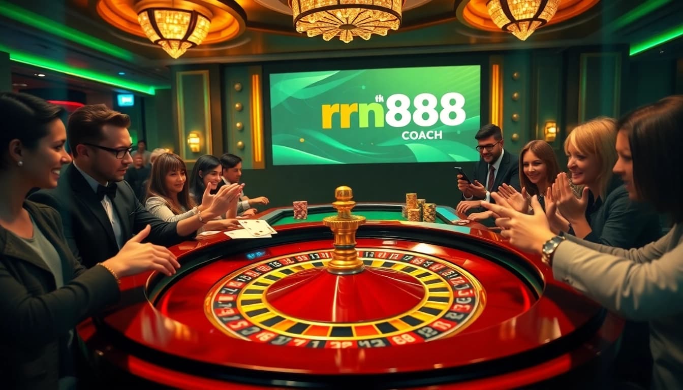 Excited players enjoying a roulette game at RR88 Coach online casino, showcasing luxury gaming.