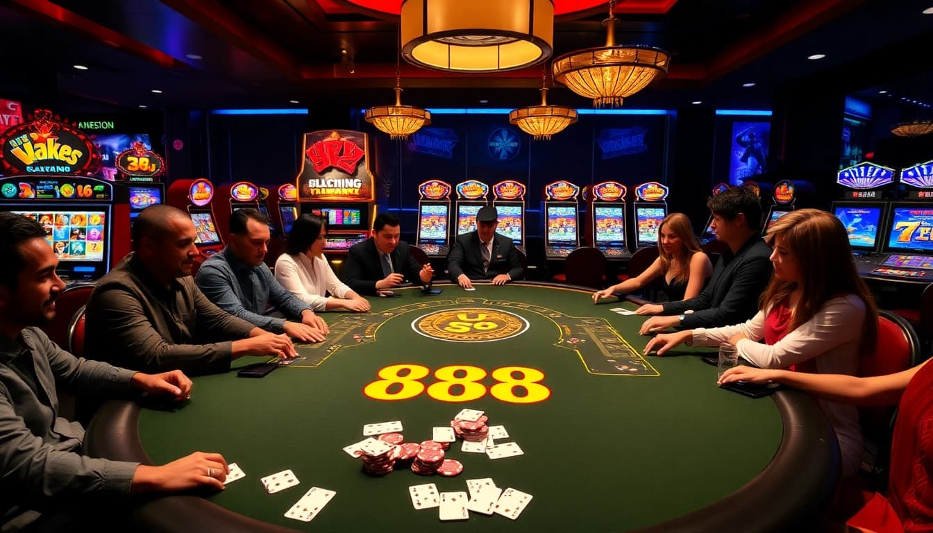 Experience the thrill of gambling at U 888 with vibrant gaming tables and excited players.