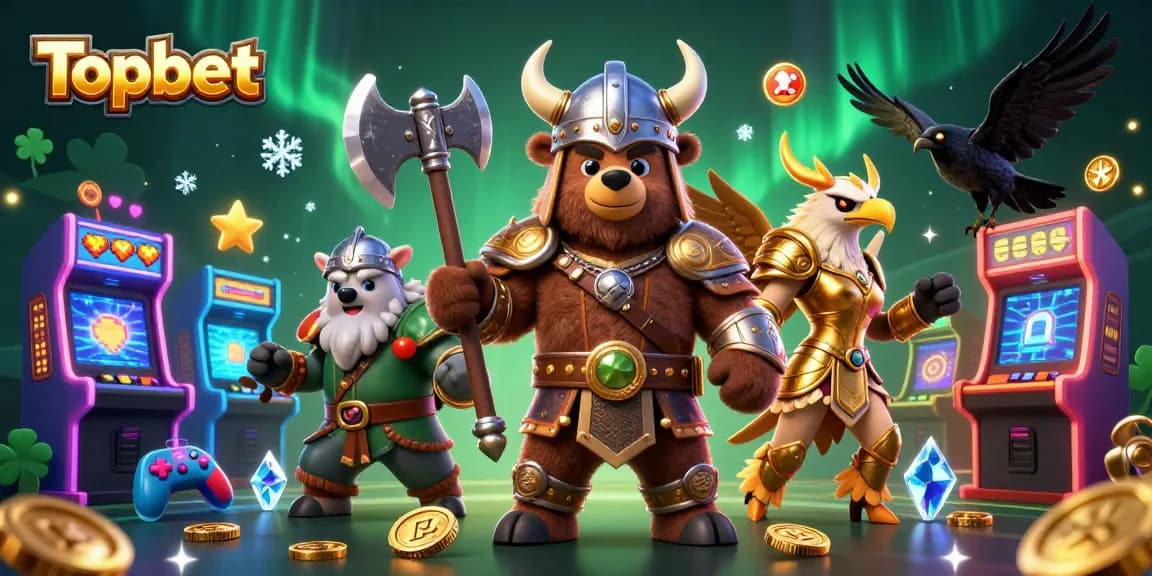 Engage with Topbet’s thrilling casino experience featuring a Viking berserker and golden Valkyrie amidst colorful gaming elements.