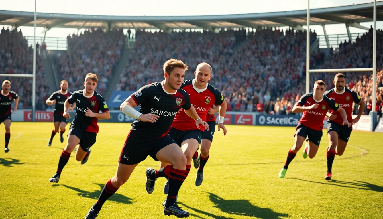 Saracens rugby team showcasing athleticism on the pitch during an exciting match.