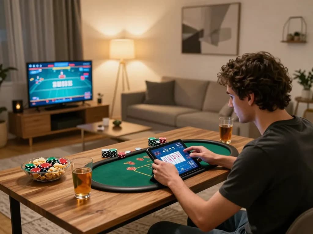 Engaging with tg88 poker game on tablet in cozy home setting