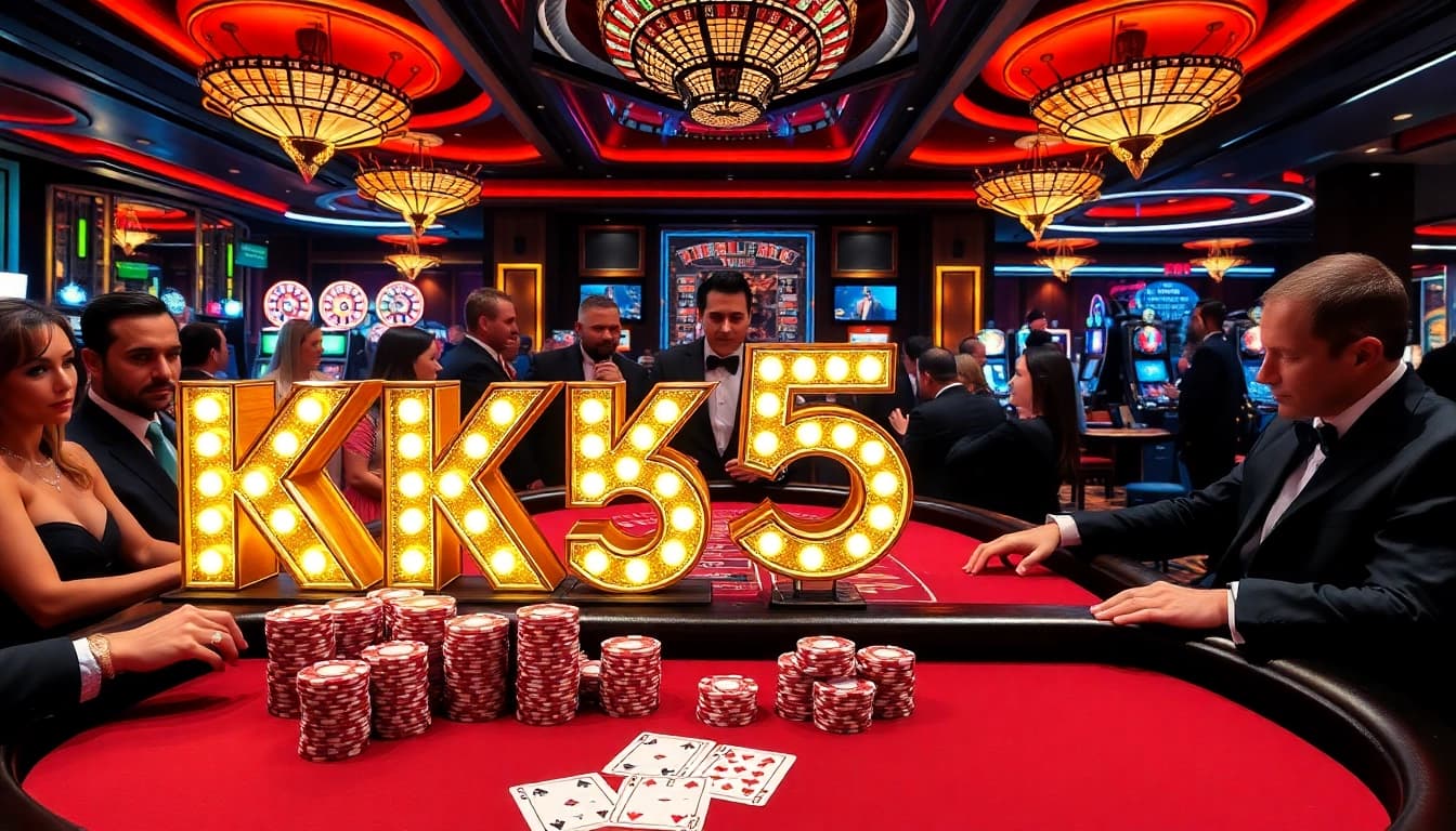 High-stakes poker game with KK55 sign, vibrant casino atmosphere, and luxurious decor.