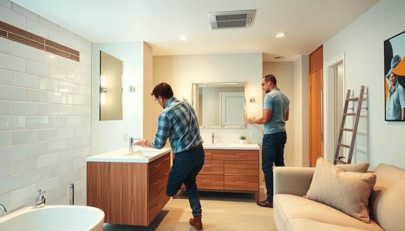 Skilled bathroom remodeling contractors expertly transforming a stylish bathroom.