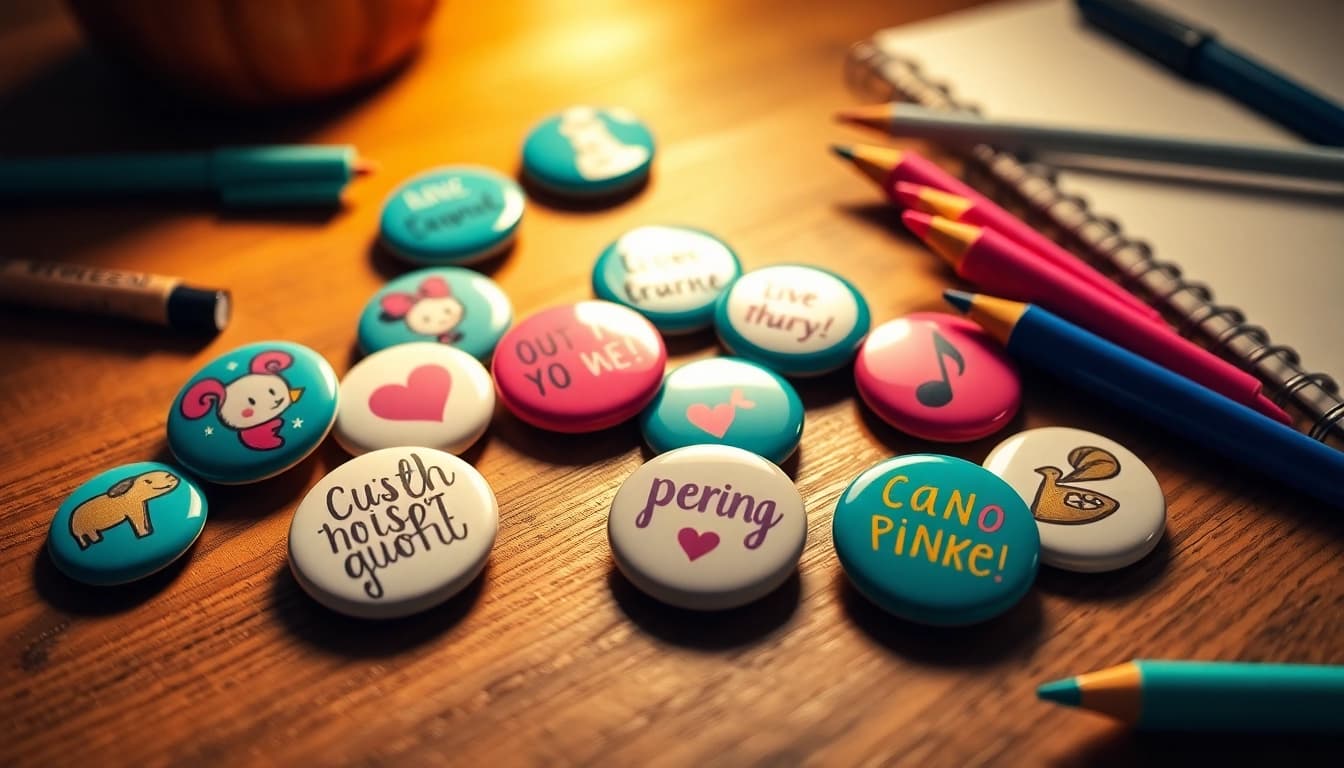 Explore unique custom button pins displayed on a wooden table, highlighting their vibrant designs and creativity.