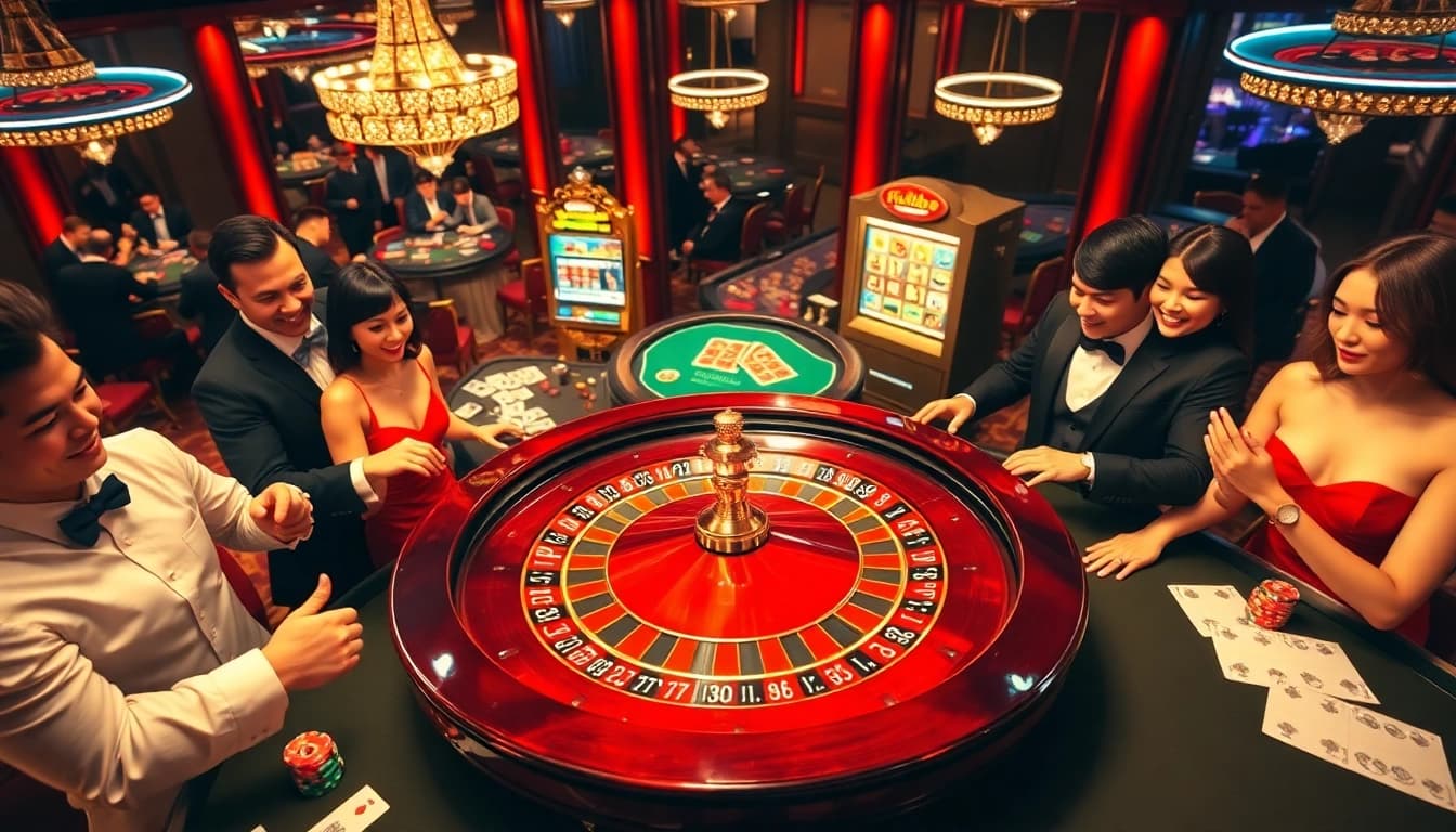 Experience the thrill of winning at hello88 with a lively casino scene featuring roulette, poker, and slot machines.