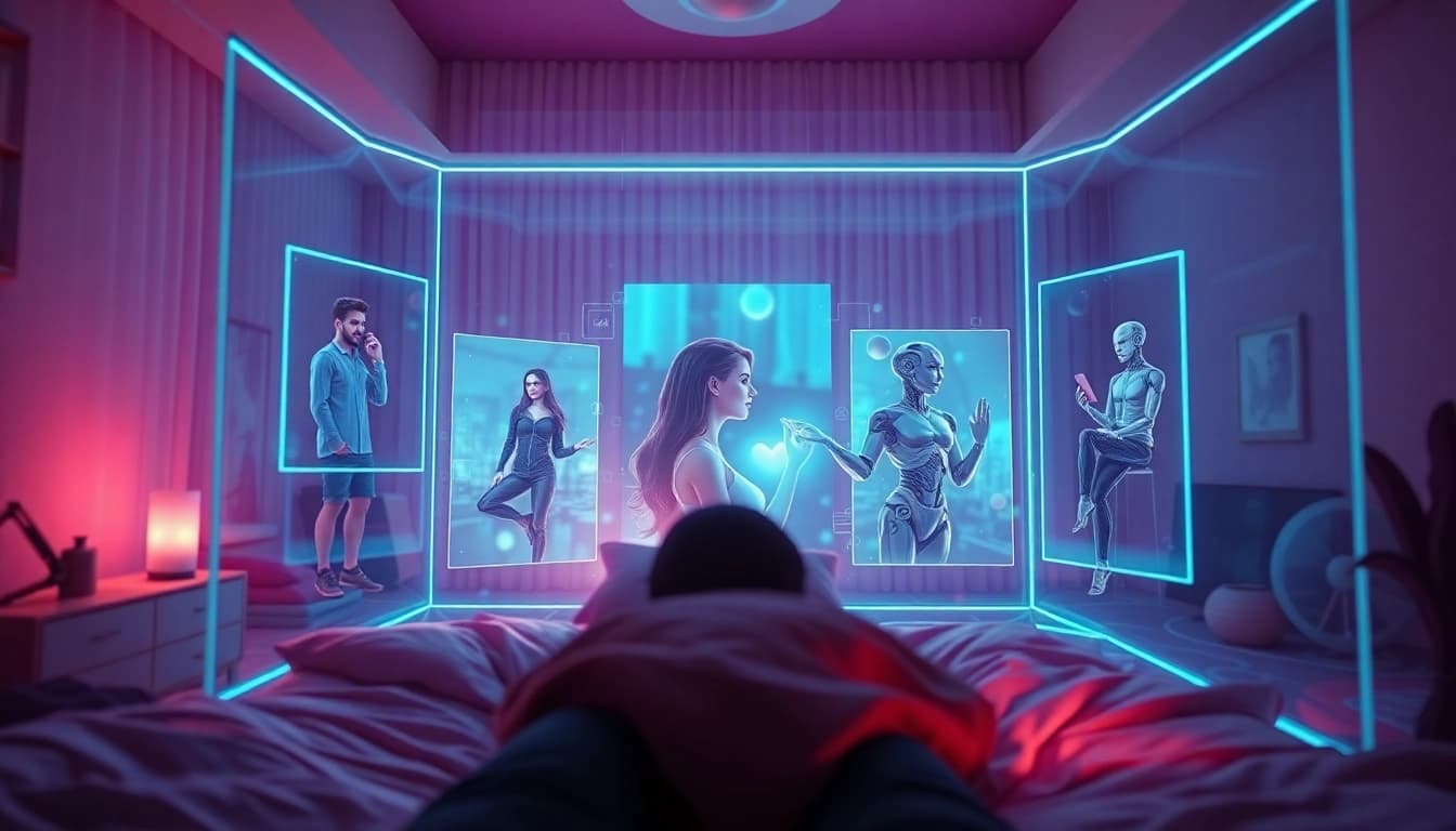 Intimate virtual environment for AI sex chat, featuring engaging AI characters in a cozy digital space.