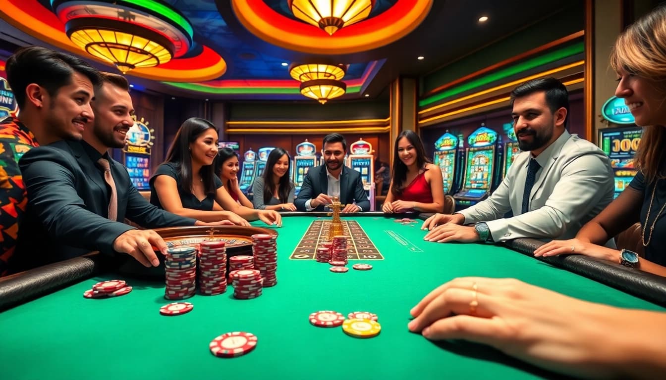 Players experiencing excitement at the Go99 poker table in a luxurious casino setting.
