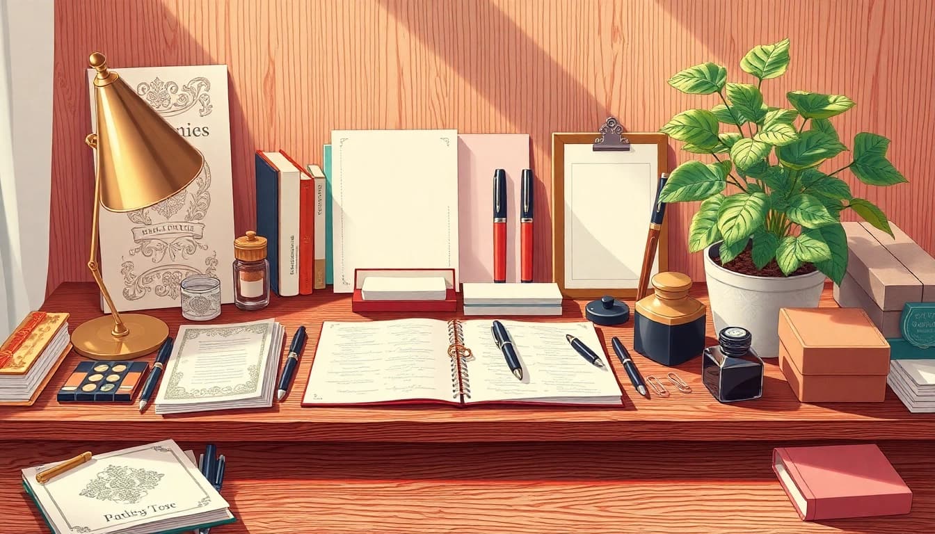 Explore the elegant stationery workspace featuring intricate notepads and fountain pens.