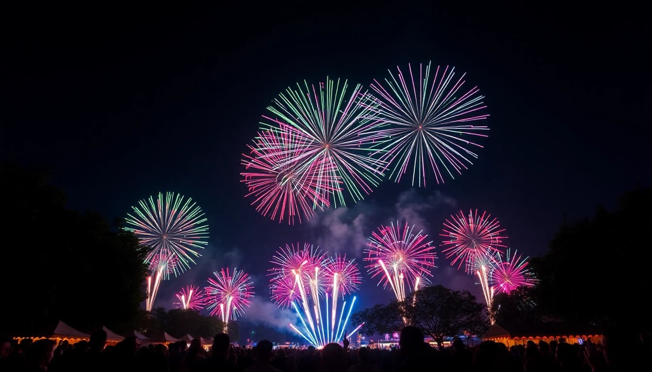 Witness breathtaking wholesale fireworks illuminating the night sky over a festival crowd.
