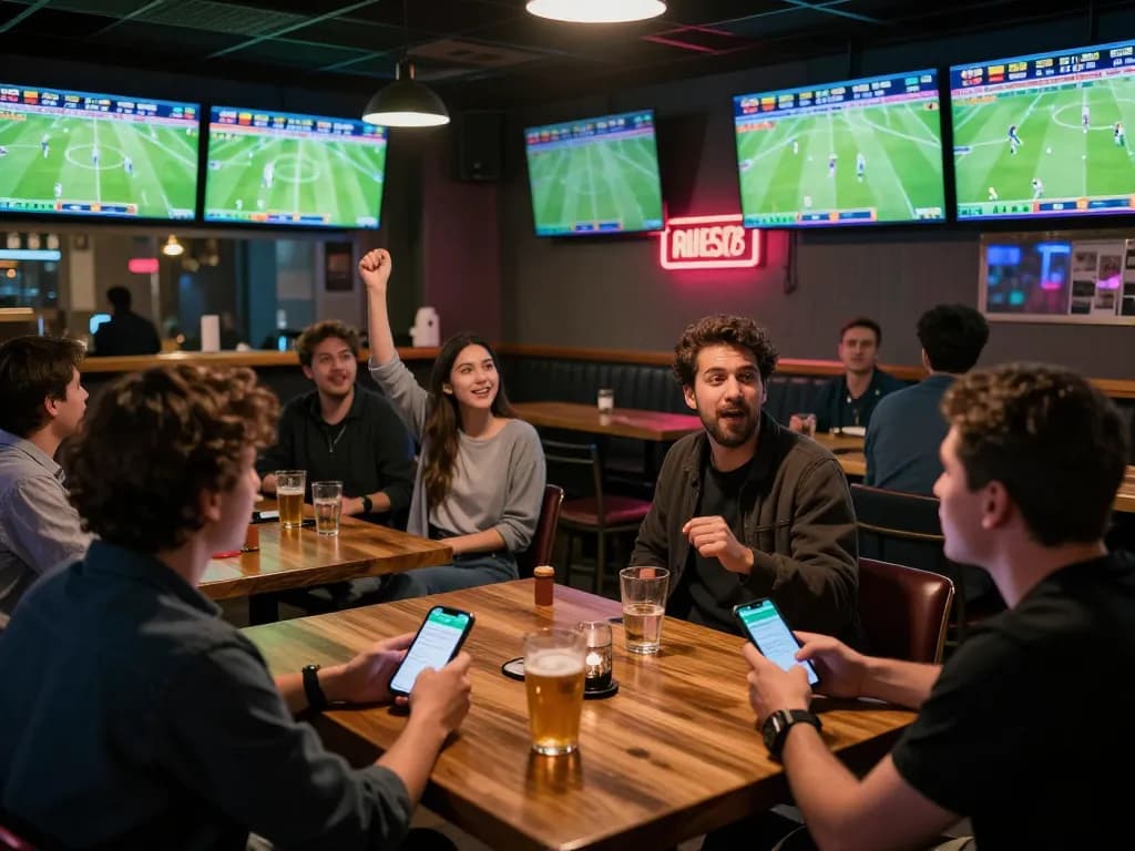 Kèo nhà cái offers an interactive sports betting experience in a vibrant bar environment with patrons actively engaging in bets.