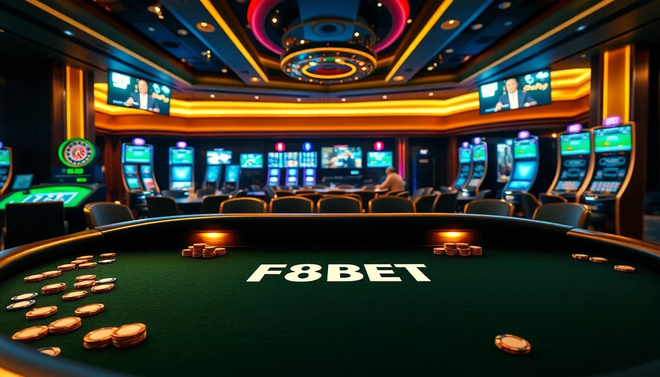 Experience F8BET excitement with vibrant casino tables, poker chips, and digital interfaces.