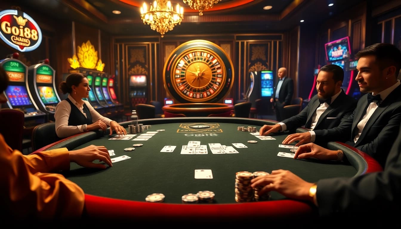 Players strategizing at a luxurious poker table, highlighting go88's thrilling gaming experience.