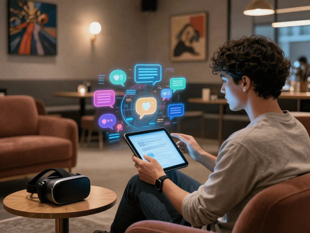 User exploring porn AI chat on a sleek tablet in a cozy digital lounge setting, emphasized by vibrant holographic icons.