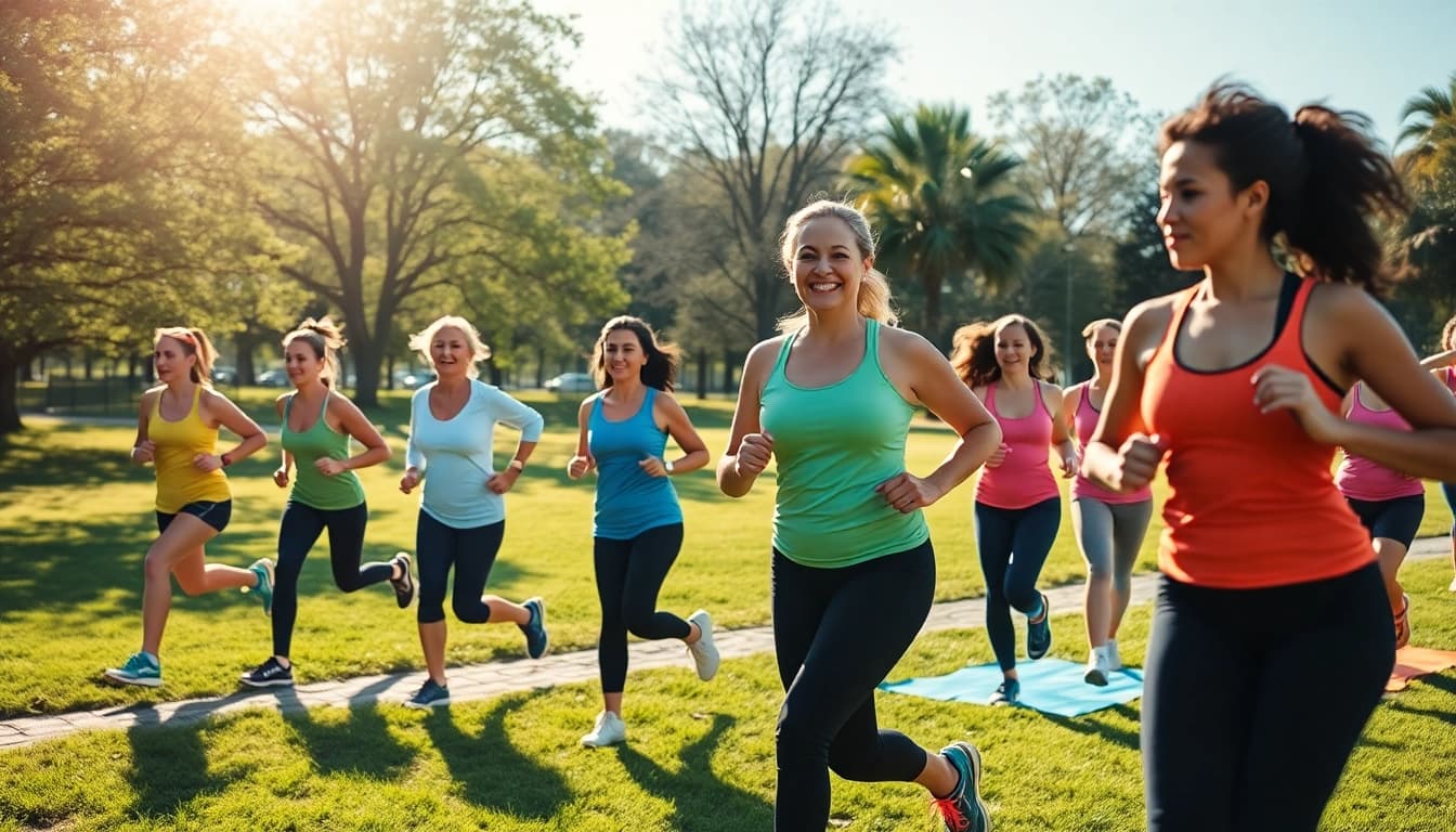 Diverse group exercising outdoors to promote weight loss and healthy habits.