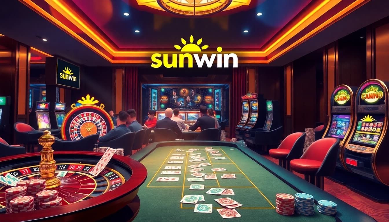 Thrilling casino scene showcasing sunwin gaming excitement with lively players and vibrant atmosphere.