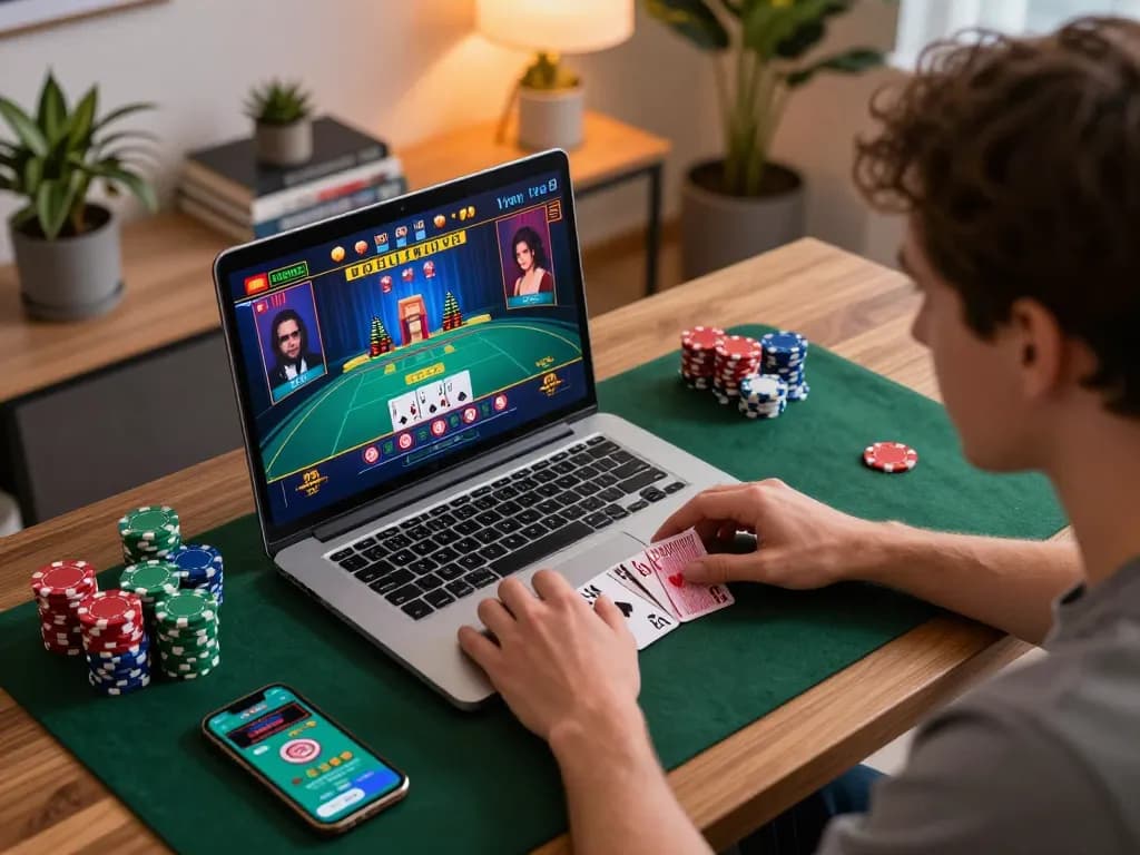 Engaged user exploring GMNC online casino features on laptop for strategic gains.