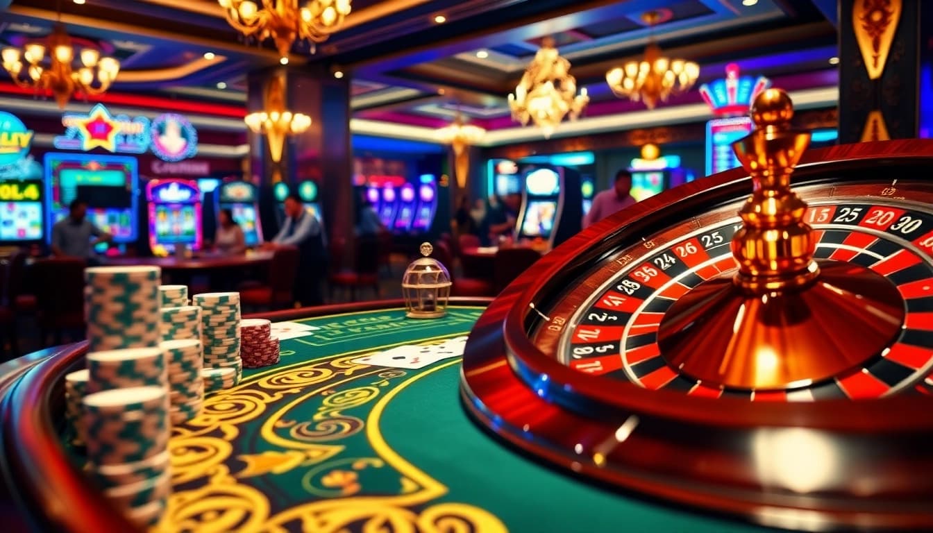 Players enjoying a dynamic casino experience at https://77789vip.com/ with cards, chips, and roulette.