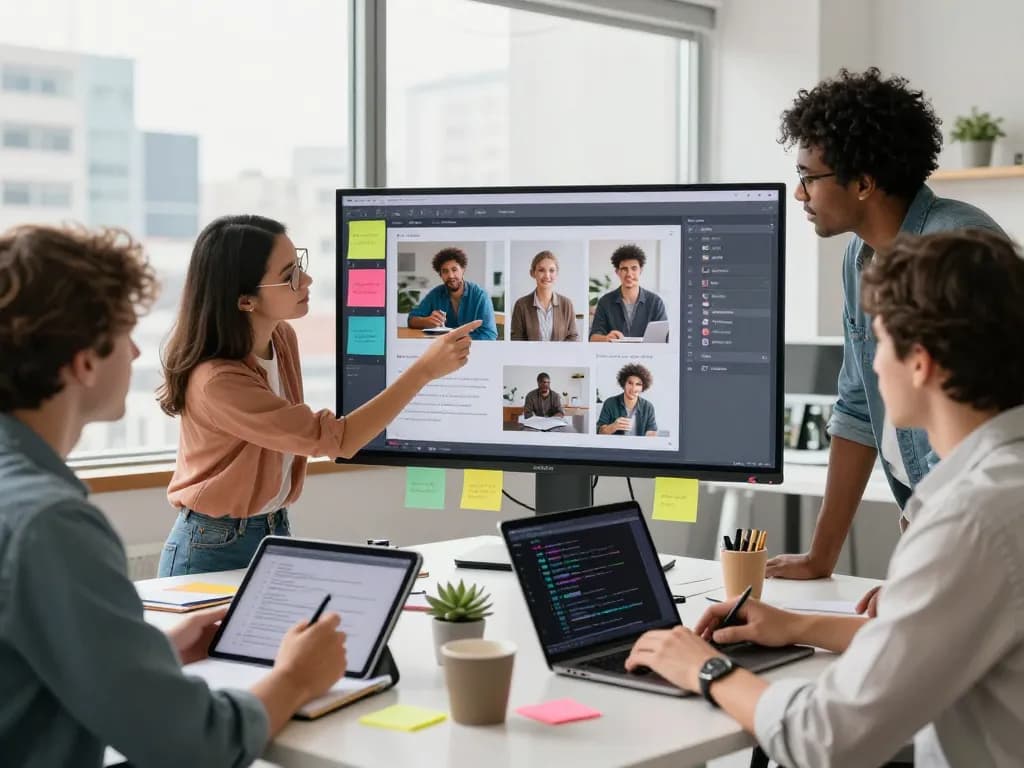 Team collaborating on an image to prompt tool, showcasing innovative AI technology in a bright office.