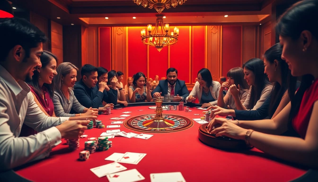 Players placing bets at an FB88 casino table with vibrant cards and chips.