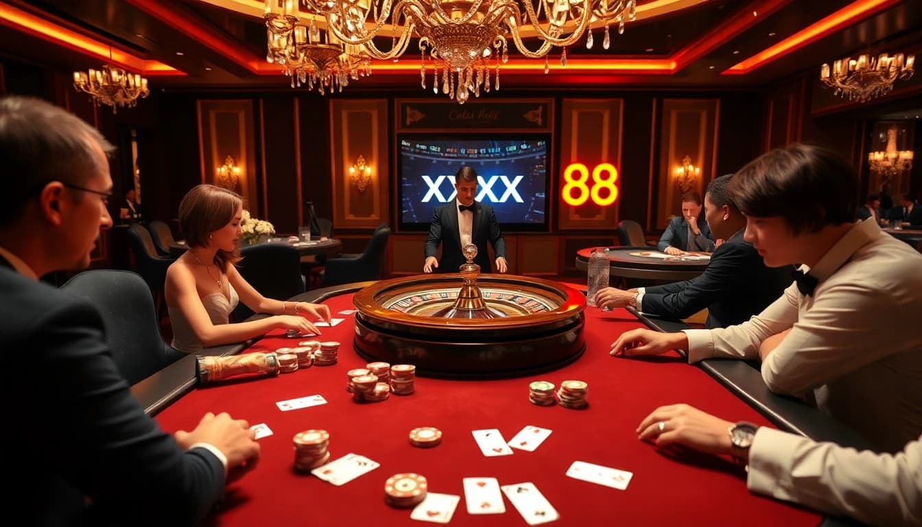 High-stakes poker scene with players and xx88 branding, showcasing luxury and excitement in a casino setting.