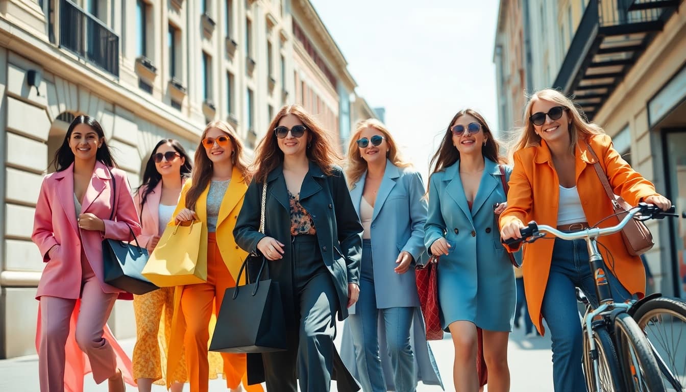 Stylish women fashion showcased in a vibrant urban setting, featuring diverse outfits.