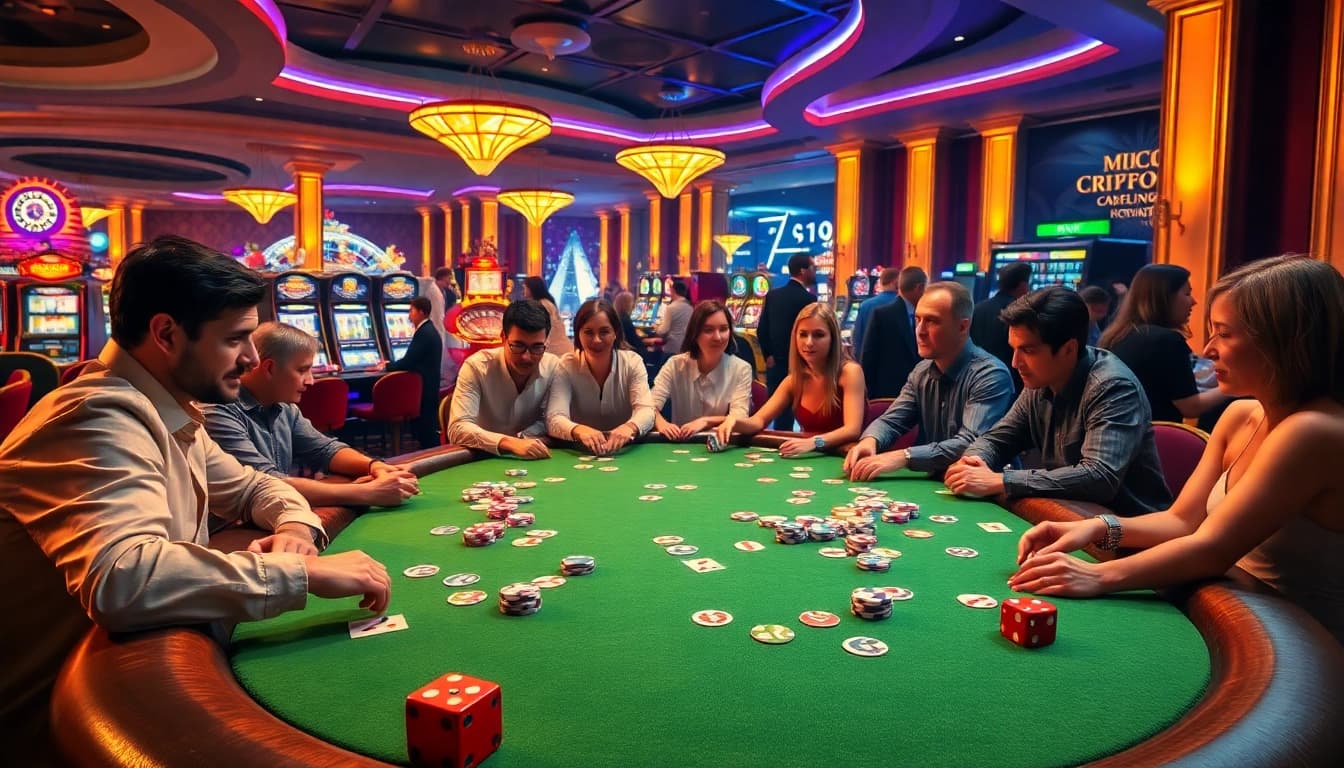 Experience the excitement at https://f168.us/ with poker chips and players at a lively casino table.