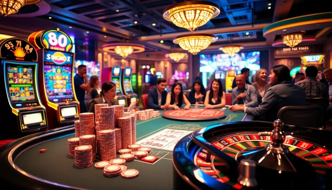 Gambling action at an upscale casino featuring xx88 poker tables and vibrant slot machines.